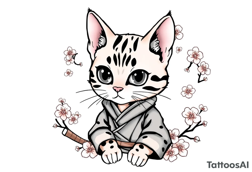 A bengal cat with a missing left eye , dressed as a Japanese samurai with katana swords and surrounded by cherry blossoms tattoo idea