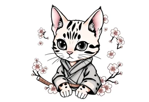 A bengal cat with a missing left eye , dressed as a Japanese samurai with katana swords and surrounded by cherry blossoms tattoo idea