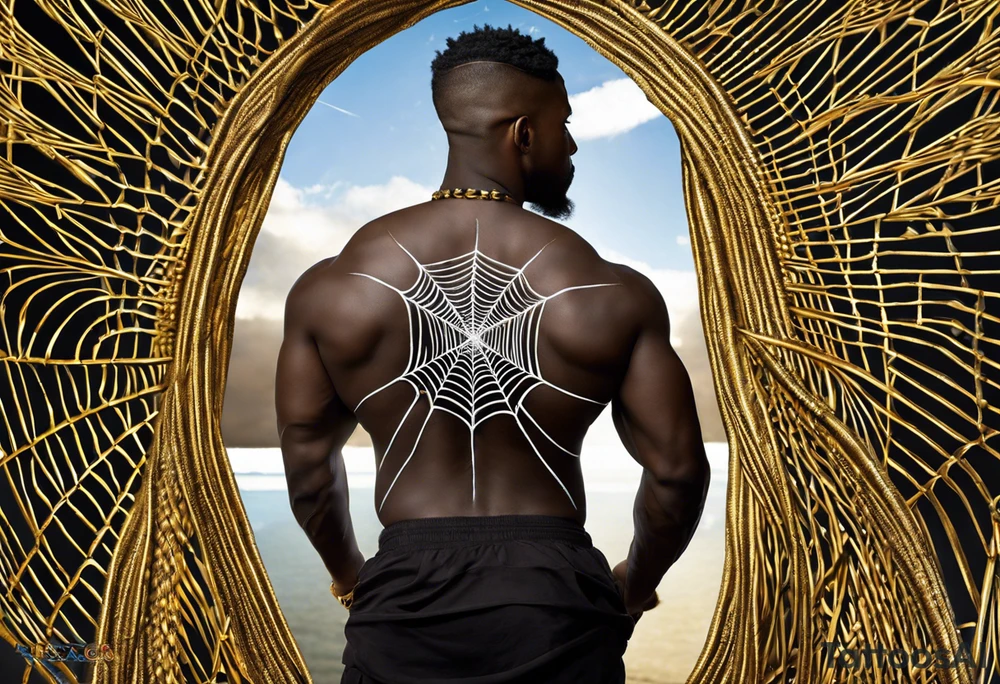 Design a powerful inner bicep tattoo for a dark-skinned black male featuring Anansi the Spider from Ghanaian mythology. Anansi is depicted weaving a web made from bright, crackling lightning bolts. The web extends outward from the center of the design, creating an intricate, flowing pattern. The lightning web should be sharp and dynamic, symbolizing energy and power, while Anansi sits calmly at the center, representing wisdom and control.

The spider should have a stylized, bold appearance, with strong, clean lines that stand out on dark skin. The lightning bolts in the web should feature bright, vivid colors like electric blue or white, contrasting well against the dark skin tone. Surrounding the web, subtle clouds or storm elements should fade into the background to create depth and dimension without overpowering the central design. Ensure that the web and lightning bolts are the primary focus, with fine detail that reflects both strength and intellect.”
Inner bicep tattoo idea