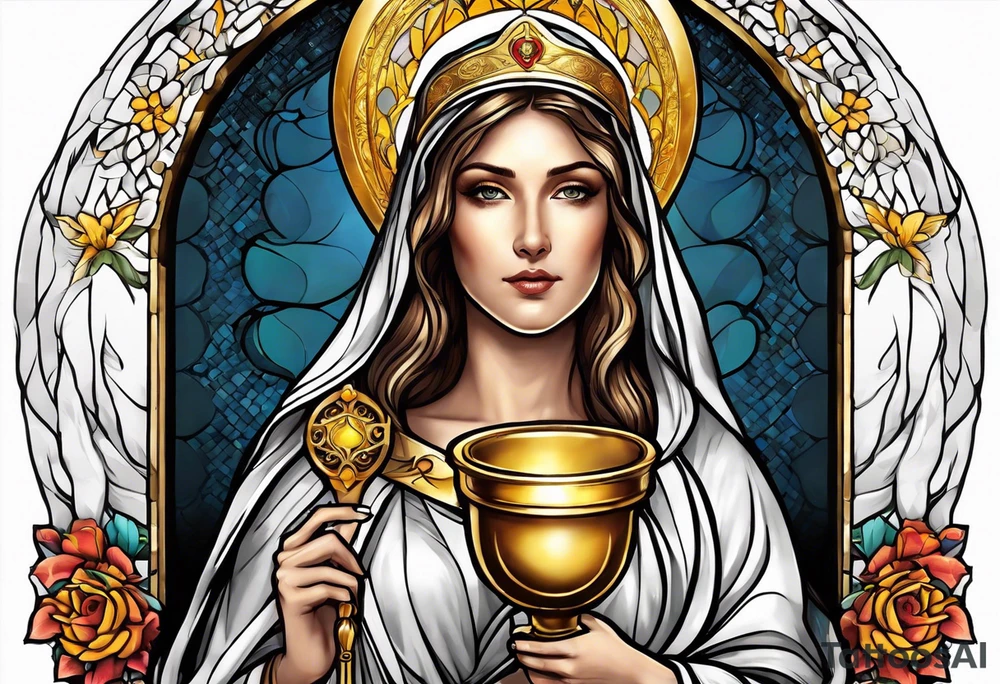 holy saint woman with golden halo holding a chalice tattoo idea