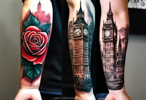 long sleeve tattoo with a rose on the bottom of the hand and then Big Ben above the rose blended with some buildings from London and then above that a lion tattoo idea