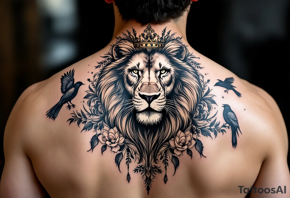 powerful majestic lion with a crown, surrounded by floral ornaments and birds tattoo idea