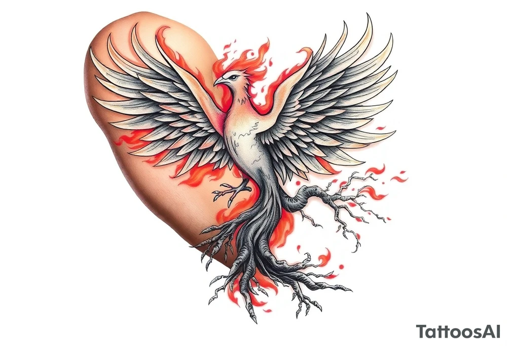 Powerful Phoenix feminine energy flames from within taking flight from tree of life tattoo idea