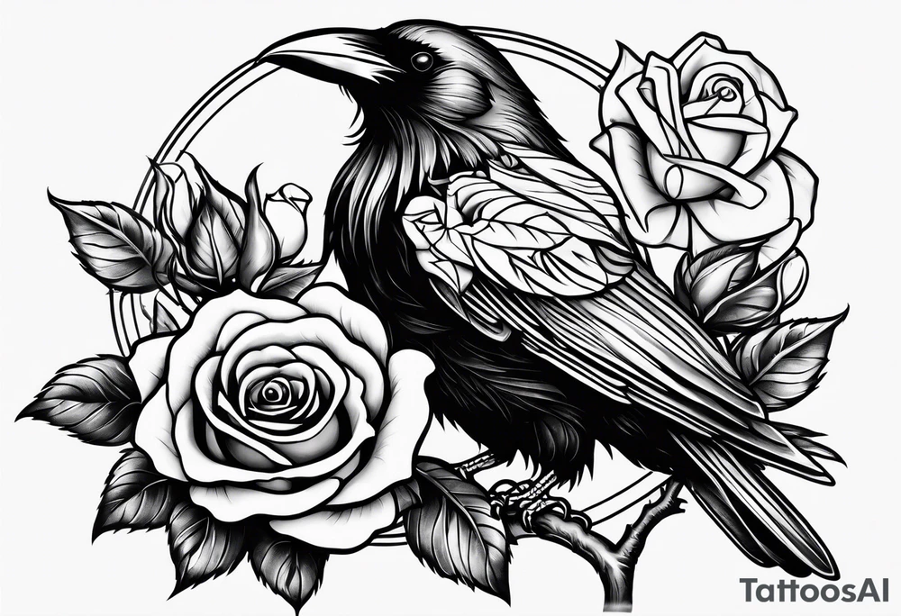 Raven holding  rose   by stem tattoo idea