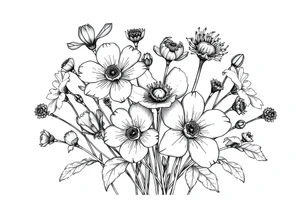 A cluster of wildflowers, with solid black shadows at the base and lighter stippling toward the petals. Some flowers in full bloom while some flowers wilting, symbolizing the passage of time. tattoo idea