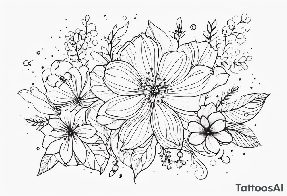 fine line floral with stars, swirls, dots tattoo idea