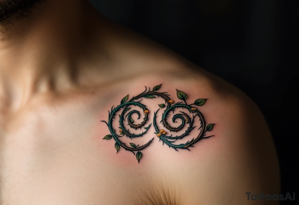 A nature-inspired triskelion design in earthy greens, browns, and golds, resembling intertwined vines or tree roots. The spirals can be adorned with tiny leaves, acorns, or even mushrooms, symbolizing growth, connection, and renewal. tattoo idea