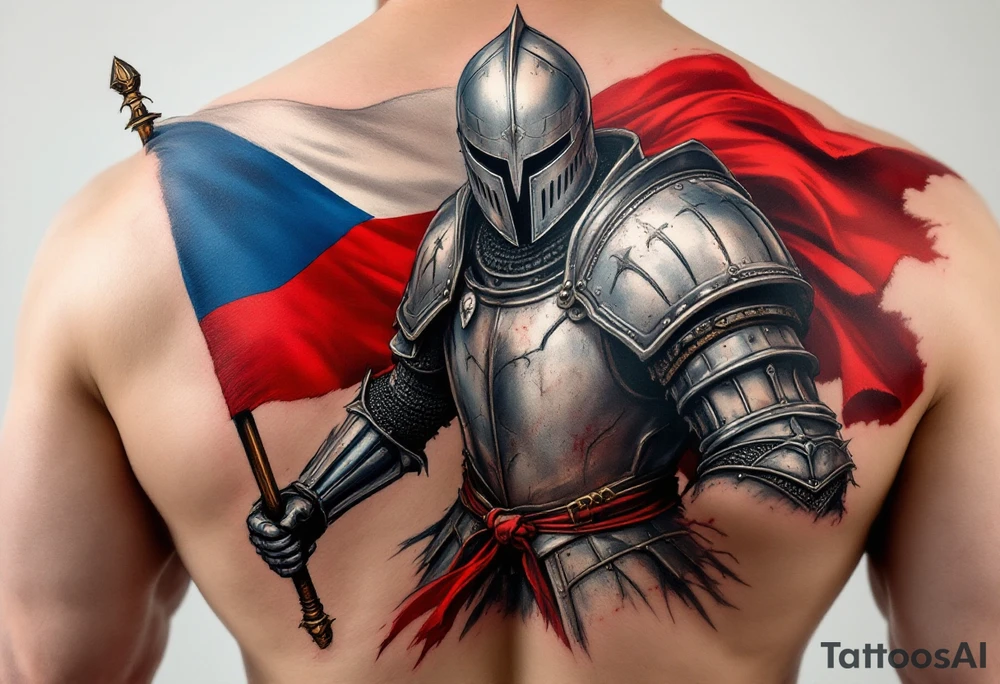 A knight in medieval armor holding a Czech flag (blue, white, red), inspired by Hussite warriors, with battle-worn silver and red tones. tattoo idea