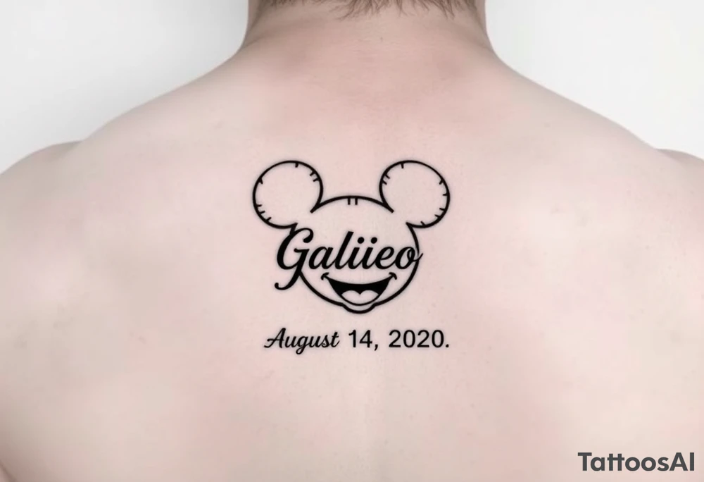mickey mouse symbol with the name Galileo and the date August 14,2020, incorporated tattoo idea