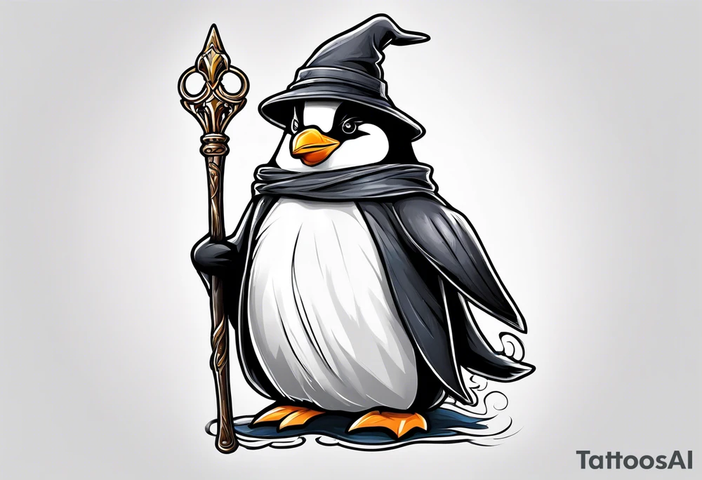 Wizard penguin holding a staff tattoo idea
