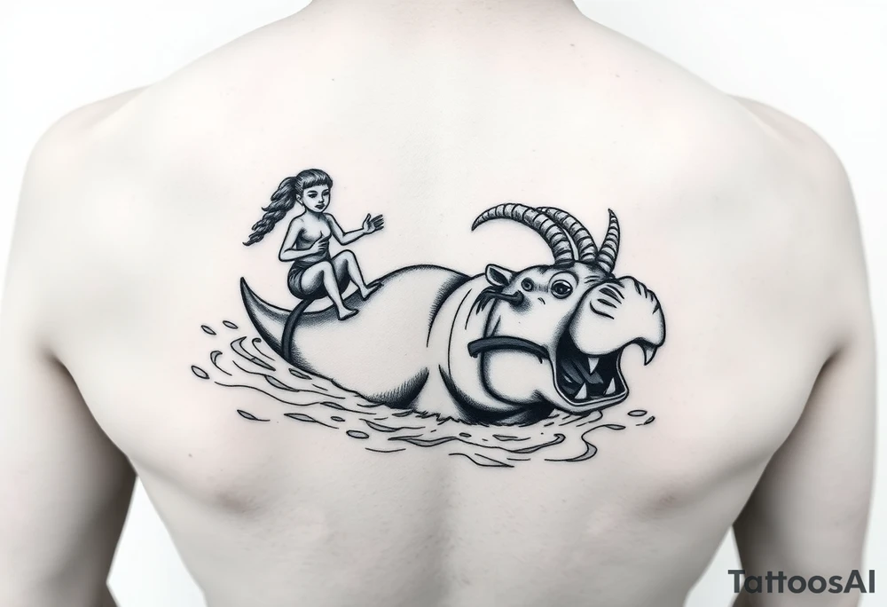2 miniature people who are majestically floating down a river as a angry hippopotamus with goat horns chasing them tattoo idea