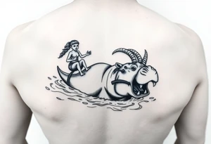 2 miniature people who are majestically floating down a river as a angry hippopotamus with goat horns chasing them tattoo idea