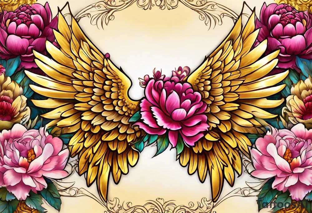 beautiful golden yellow angel wings with colorful hot pink, burgundy, peonies. beautiful flilligree in the background , full color tattoo idea