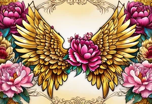 beautiful golden yellow angel wings with colorful hot pink, burgundy, peonies. beautiful flilligree in the background , full color tattoo idea