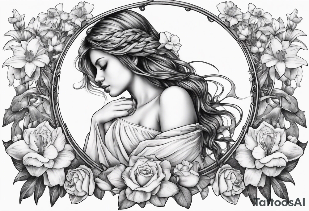 sad angel on swing from behind with head down and face covered by her hair surrounded by lily, daffodil, rose, daisy, narcissus tattoo idea