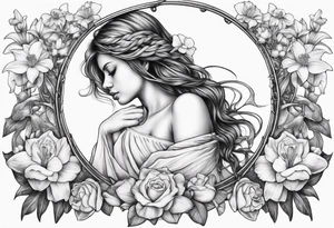 sad angel on swing from behind with head down and face covered by her hair surrounded by lily, daffodil, rose, daisy, narcissus tattoo idea