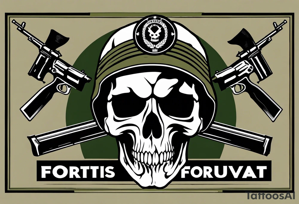 Skull in the center with military elements, such as a helmet, and two crossed rifles behind the skull. Place the phrase "Fortis Fortuna Adiuvat" above the skull in a military-style font. Use a simple background reminiscent of camouflage, keeping a neutral color palette with blacks, greens, and grays, or opt for a classic black and gray style. tattoo idea