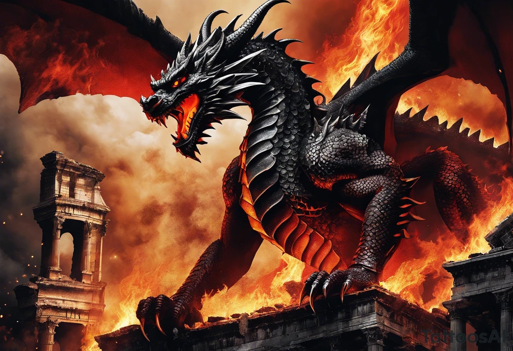 A majestic black and red dragon with shimmer golden scales standing in the burning ruins of a crumbling colosseum with flames and ash around his feet. This dragon depicts power, danger, and awe billowing flames from his mouth into the sky with wings outstretched. tattoo idea