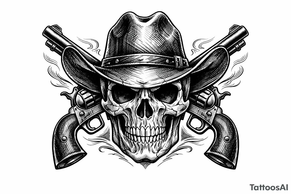 A skull with a cowboy hat, two pistols angled upwards, old-school engraving details. tattoo idea