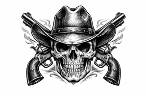 A skull with a cowboy hat, two pistols angled upwards, old-school engraving details. tattoo idea