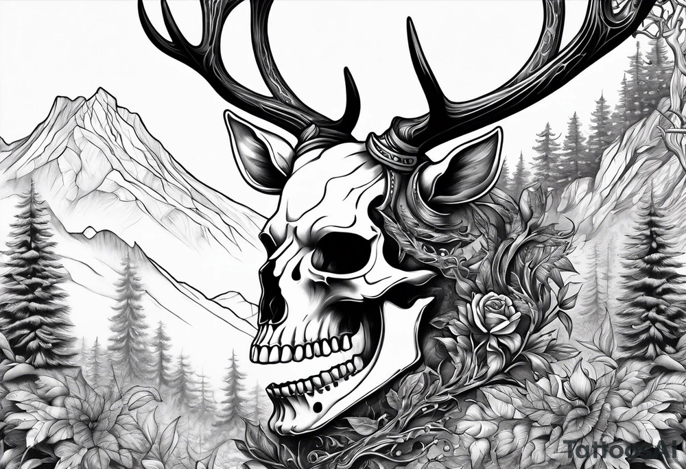 A human with a deer skull head, flames and trees tattoo idea