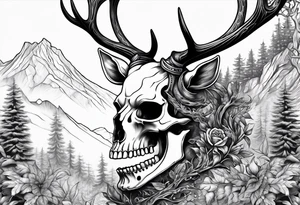 A human with a deer skull head, flames and trees tattoo idea