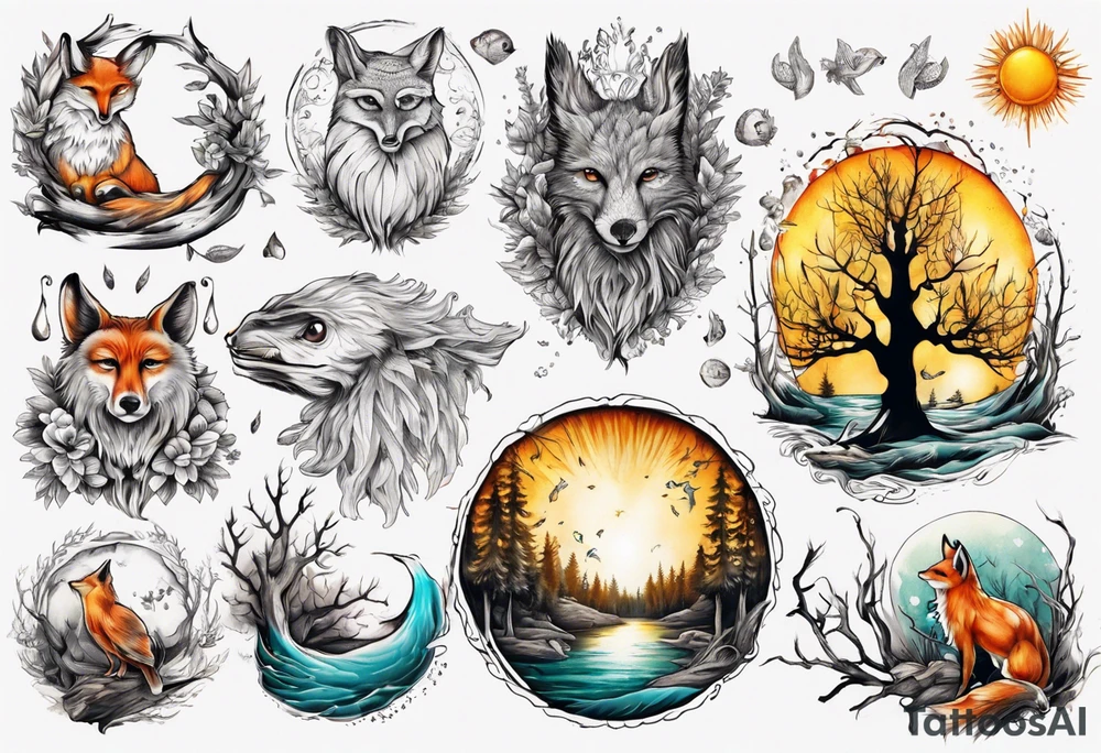 sonne, eule  wald, fuchs 
baum, sapere aude, Wasser, fisch tattoo idea