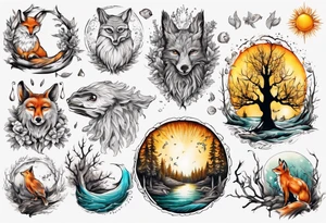 sonne, eule  wald, fuchs 
baum, sapere aude, Wasser, fisch tattoo idea