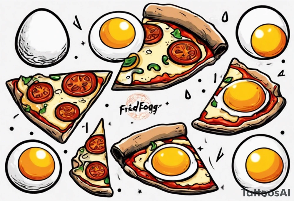 Pair fried eggs tattoo, where for the girl a small slice like a pizza triangular and for the guy the rest of the fried eggs tattoo idea