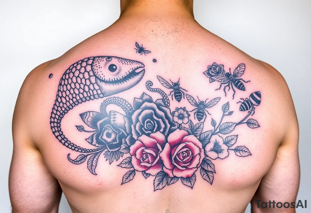 Colorful sea creatures with honey comb, bees, and roses tattoo idea