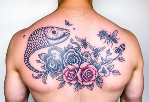 Colorful sea creatures with honey comb, bees, and roses tattoo idea