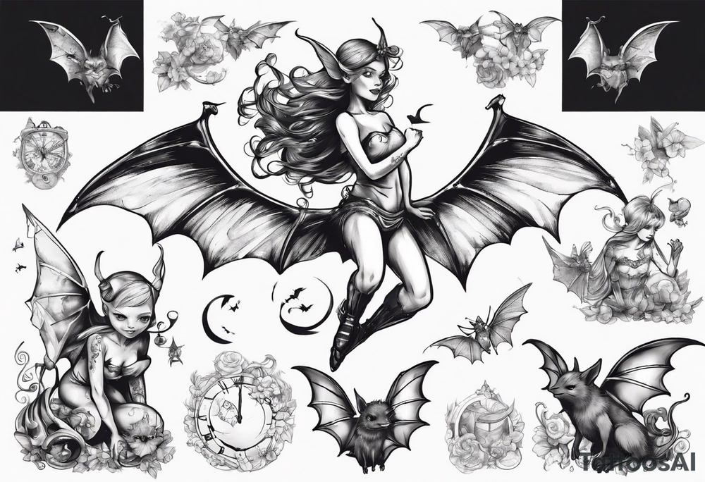 Fairy riding on a giant bat tattoo idea