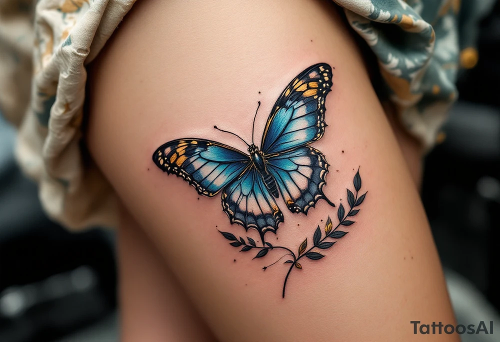 A realistic butterfly landing on the skin, with lifelike texture in electric blue, black, and golden highlights, appearing as if it could fly away. tattoo idea