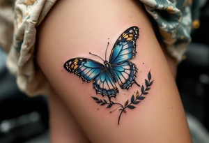 A realistic butterfly landing on the skin, with lifelike texture in electric blue, black, and golden highlights, appearing as if it could fly away. tattoo idea