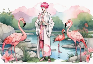 a nonbinary person with pink hair wearing a rainbow medieval robe standing next to a flamingo near a pond tattoo idea