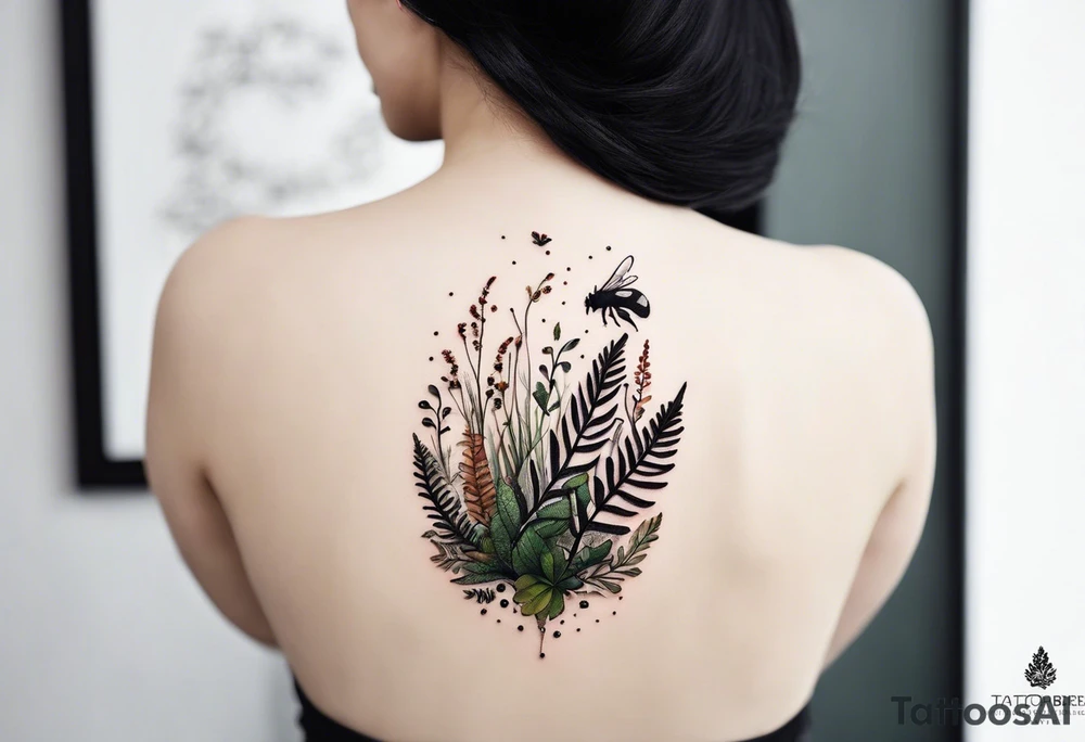 forest floor inspired minimalist tattoo, which includes grass, curly ferns, moss and dead leaves as the bulk of the tattoo. details to include: forest berries, a tiny bumblebee flying nearby, three small brown mushrooms
Generate a vertically long one tattoo idea