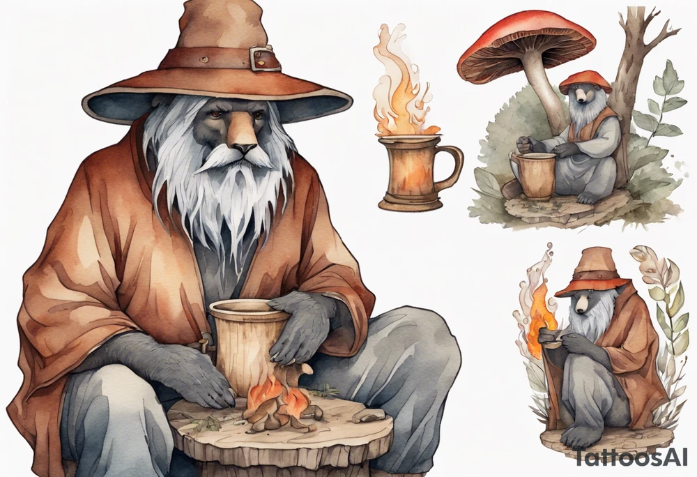 a medieval bear-human hybrid with a long grey beard wearing a tunic and a floppy mushroom hat sitting by a fire drinking from a wood cup tattoo idea