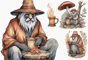 a medieval bear-human hybrid with a long grey beard wearing a tunic and a floppy mushroom hat sitting by a fire drinking from a wood cup tattoo idea