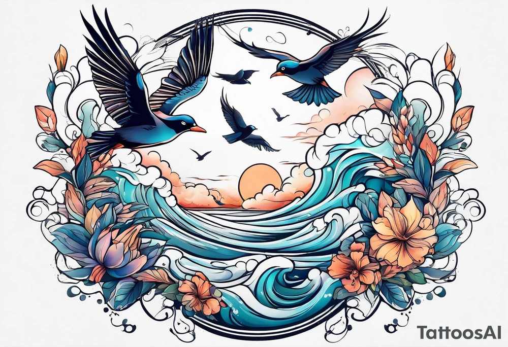 calm sea with birds tattoo idea