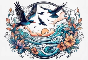 calm sea with birds tattoo idea