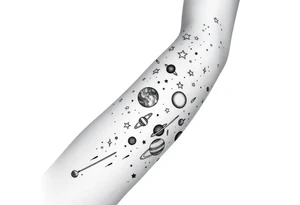 Galaxy stars planets comets shooting stars on full leg tattoo idea