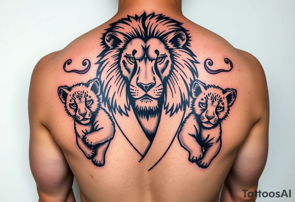 Lion wearing a Brazilian jiu jitsu gi as a person would along side his two cubs. The surrounding area is the sarenghetti tattoo idea