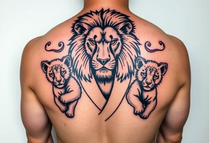 Lion wearing a Brazilian jiu jitsu gi as a person would along side his two cubs. The surrounding area is the sarenghetti tattoo idea