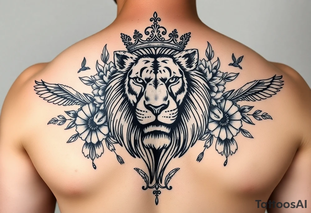 powerful majestic lion with a crown, surrounded by floral ornaments and birds tattoo idea