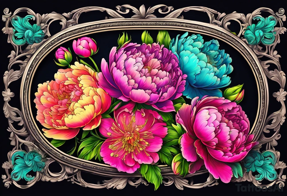 neon colorful peonies,neon colored, surrounding on the outside of a empty beautiful intricate rounded victorian style empty picture frame with filigree tattoo idea