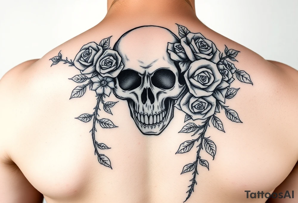 gothic skull intertwined with climbing roses and thorny vines tattoo idea