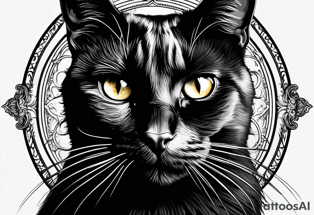 Photo realistic black cat head only facing forward add moon tattoo idea
