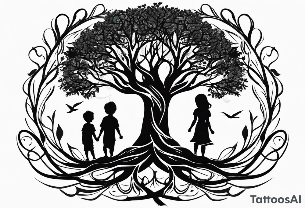 A tattoo design symbolizing a strong family bond between a mother and her two sons. The design features a tree with deep roots, representing a clan or tribe with an unbreakable connection. In the center, a mother stands with two children, one on each side, holding hands. The tree's branches surround them, symbolizing protection and unity. Use colors sparingly, but with impact. The tattoo should convey an indestructible bond and unconditional love between the three. It should also illustrate the ability to move forward together, even on a winding road, with maternal strength and protection emphasized. Intended placement: on the arm tattoo idea