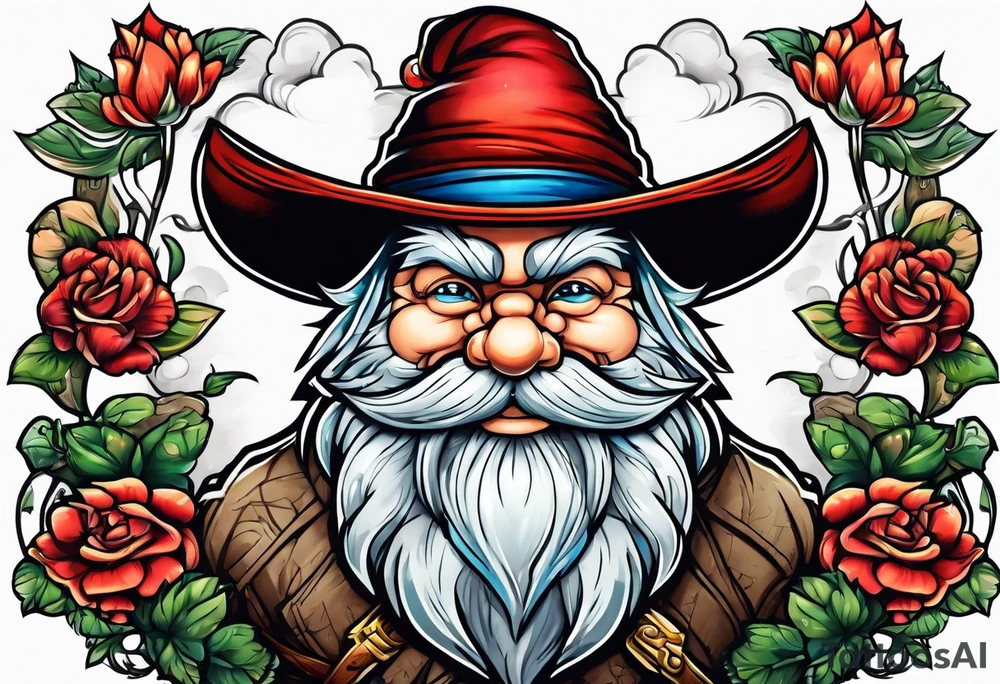Muscular old yard gnome tattoo idea