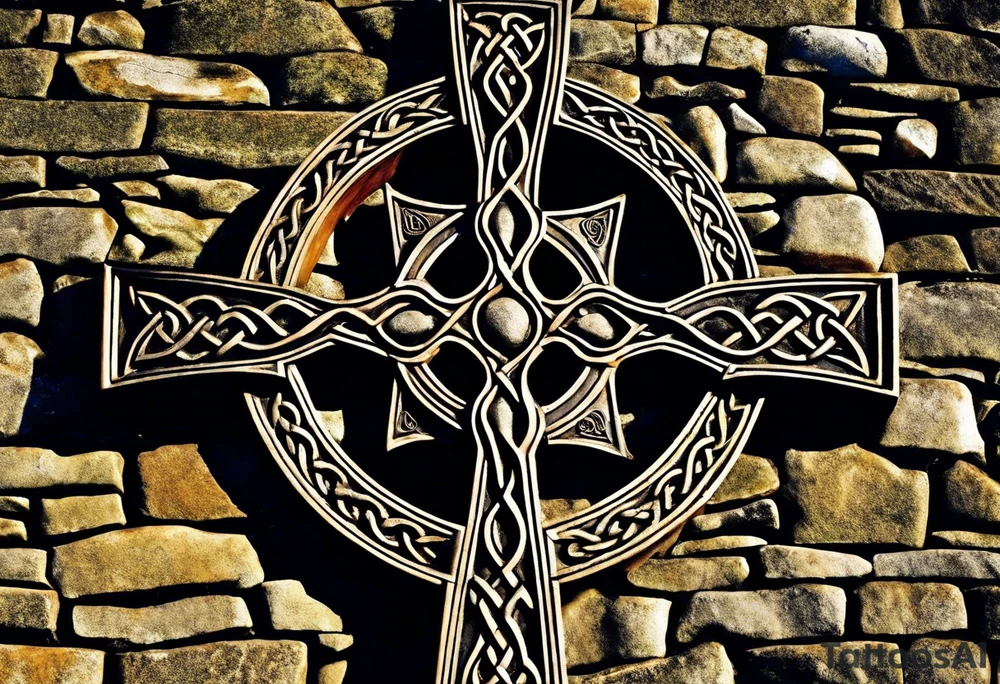 A stone Celtic cross, weathered and worn by the passage of time, standing resolutely at the base of a ruined stone wall. The cross is adorned with intricate Celtic knotwork, bearing witness to the craftsmanship of long-lost artisans. A raven, its ebony feathers shining in the dim light, perches on the arms of the cross, its head cocked to the side as it regards the desolate scene before it. The wall, once towering and majestic, now lies in ruin, its stones scattered haphazardly across the overgrown earth. Vines and creepers have woven themselves through the cracks and crevices, adding a touch of eerie greenery to the otherwise melancholic atmosphere. A gentle breeze rustles through the leaves, causing the raven to shift uneasily on its perch, as if it were the wind's way of whispering secrets long forgotten. The sky above is a somber shade of gray, heavy with the weight of impending rain, mirroring the solemn mood of the scene. tattoo idea